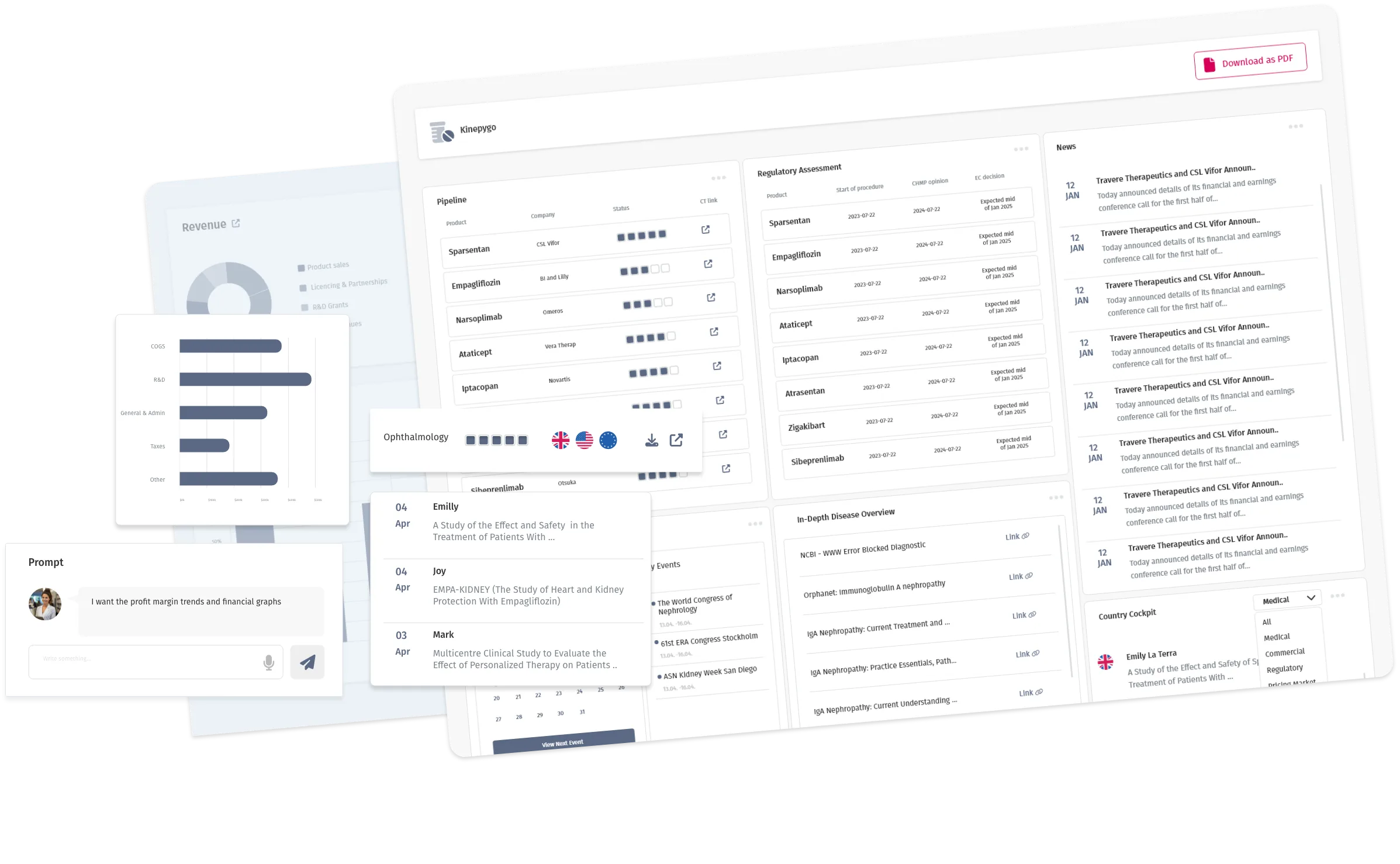 α:one dashboard showing pipeline, regulatory assessment, news and an AI prompt panel